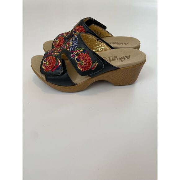 Alegria Size 36 (Approx US 6-6.5) Floral Embroidered Black Sandals Heels Wooden - Picture 1 of 9